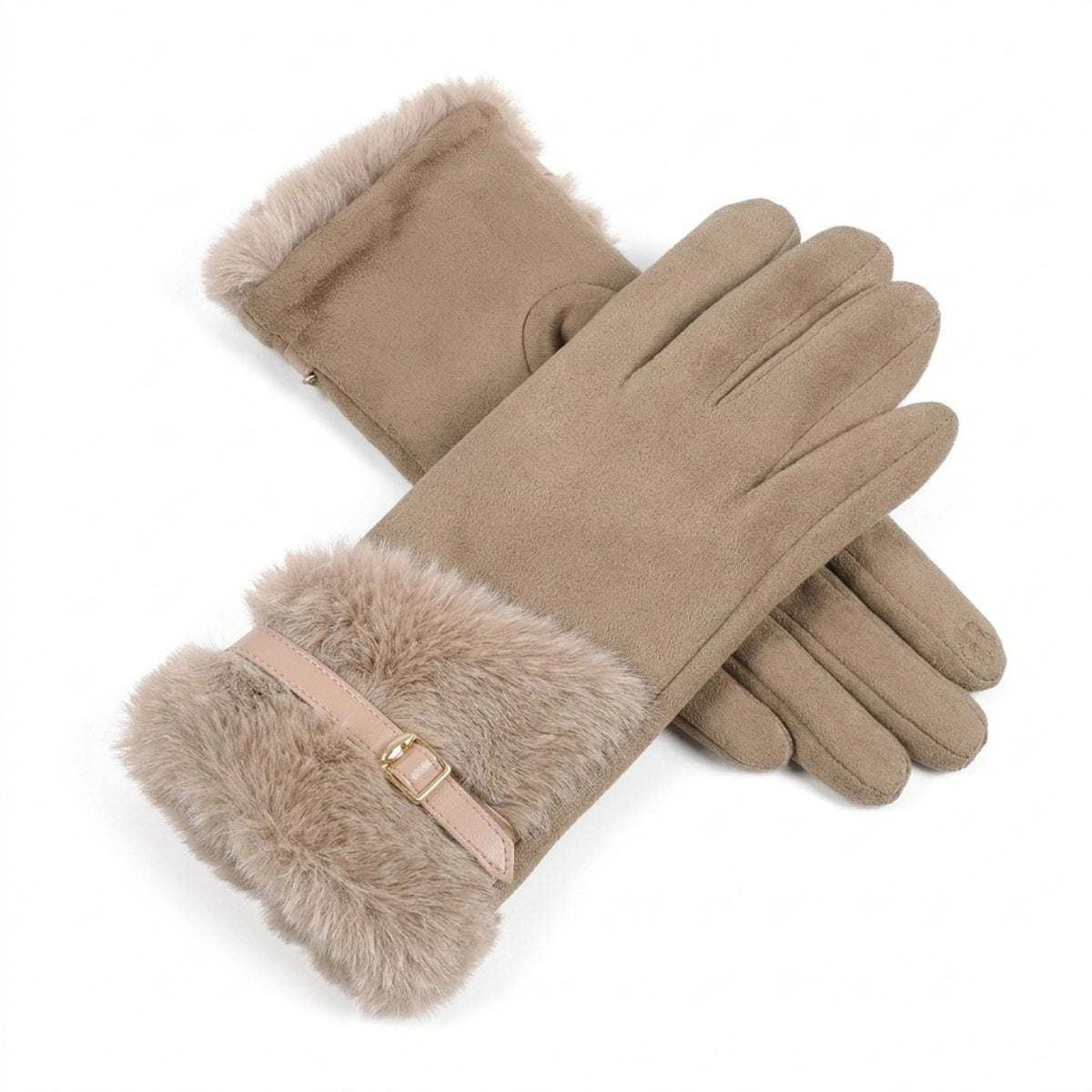 Faux Suede Gloves with Faux Fur Cuff and Buckle Detail 9.9 x 3.9in