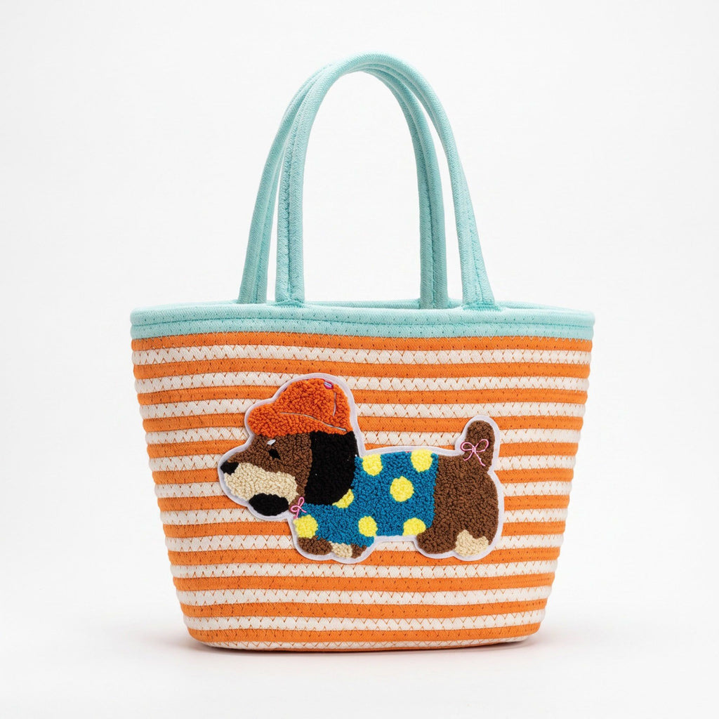 Dog Applique Striped Woven Rope Tote Bag Casual Shoulder Carryall