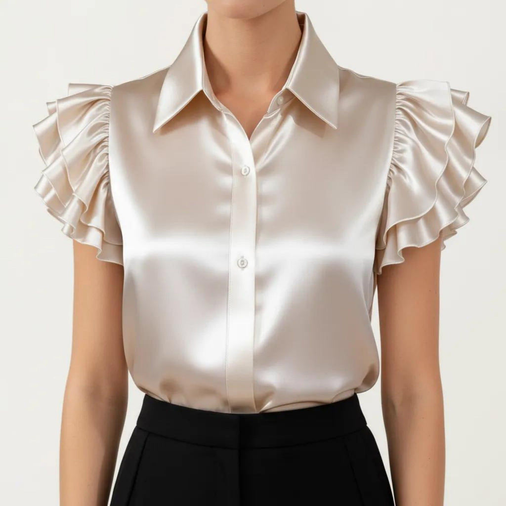 Anna-Kaci Women's Satin Button Down Blouse with Ruffle Sleeves and Collared Neckline