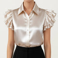 Anna-Kaci Women's Satin Button Down Blouse with Ruffle Sleeves and Collared Neckline