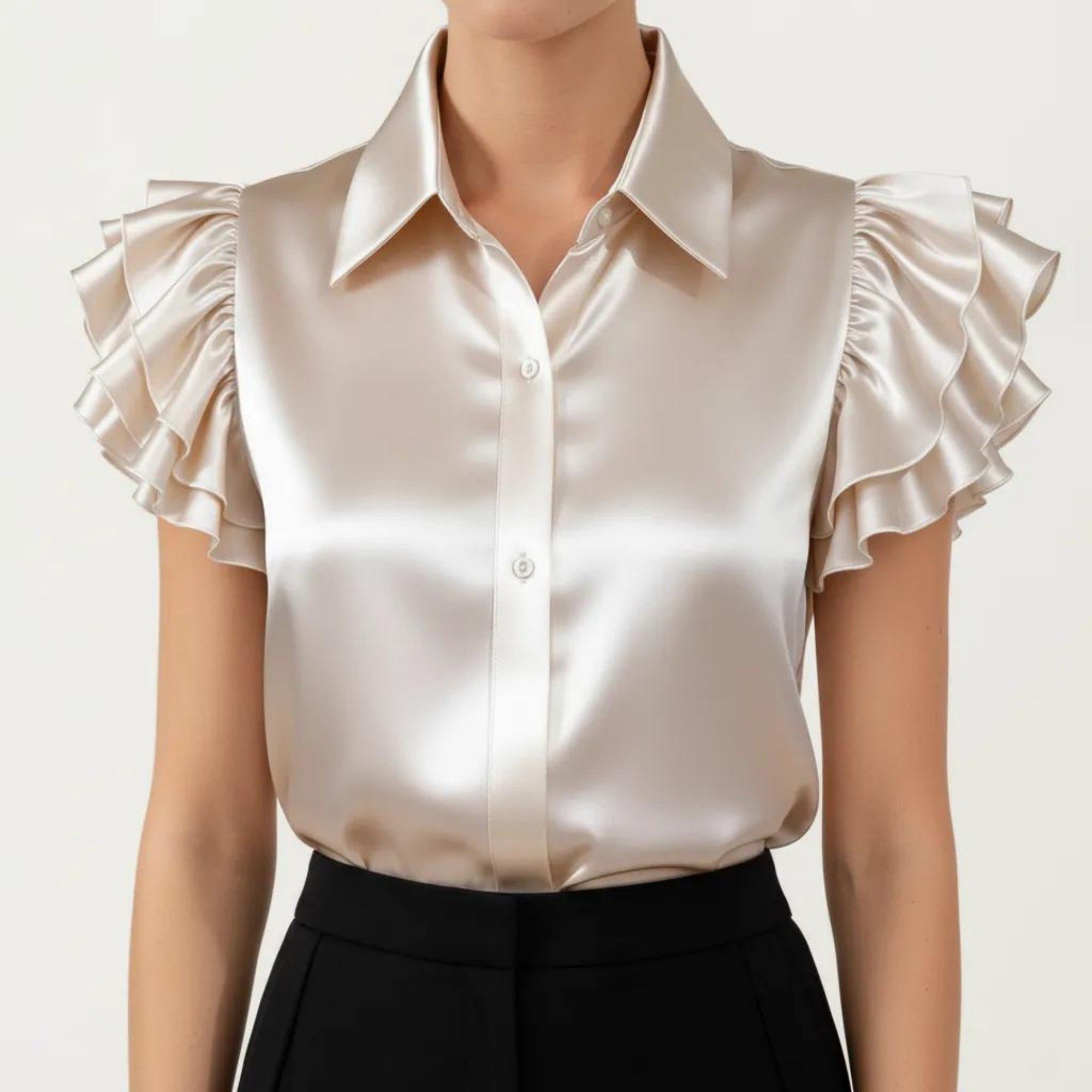 Anna-Kaci Women's Satin Button Down Blouse with Ruffle Sleeves and Collared Neckline
