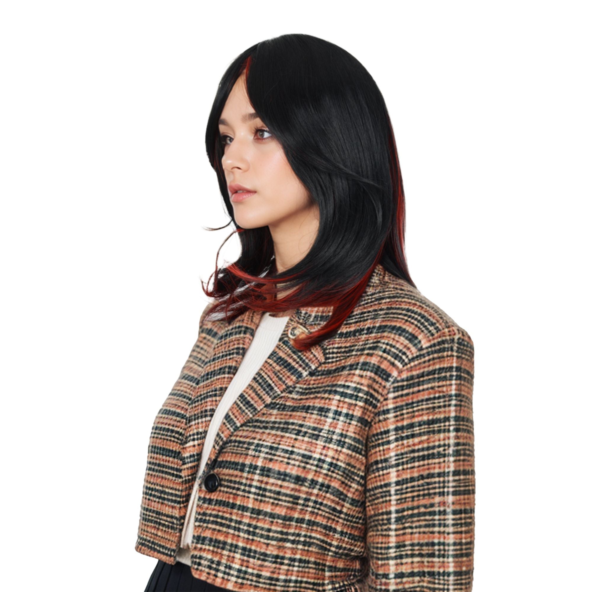 Women's Long Layered Straight Wig Synthetic Hair Fiber with Layered Bangs and Natural Highlights