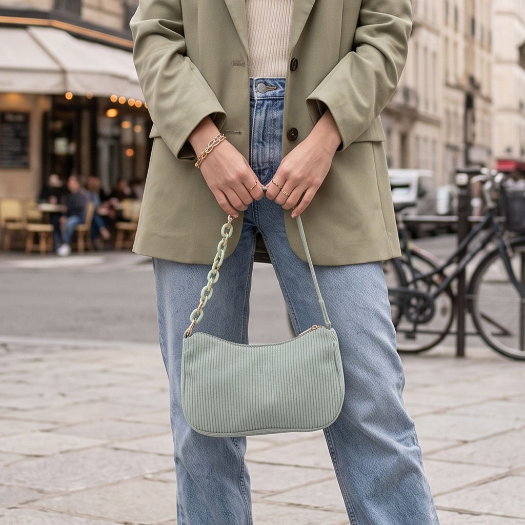 Small Corduroy Shoulder Bag with Mixed Chain Strap and Zip Closure