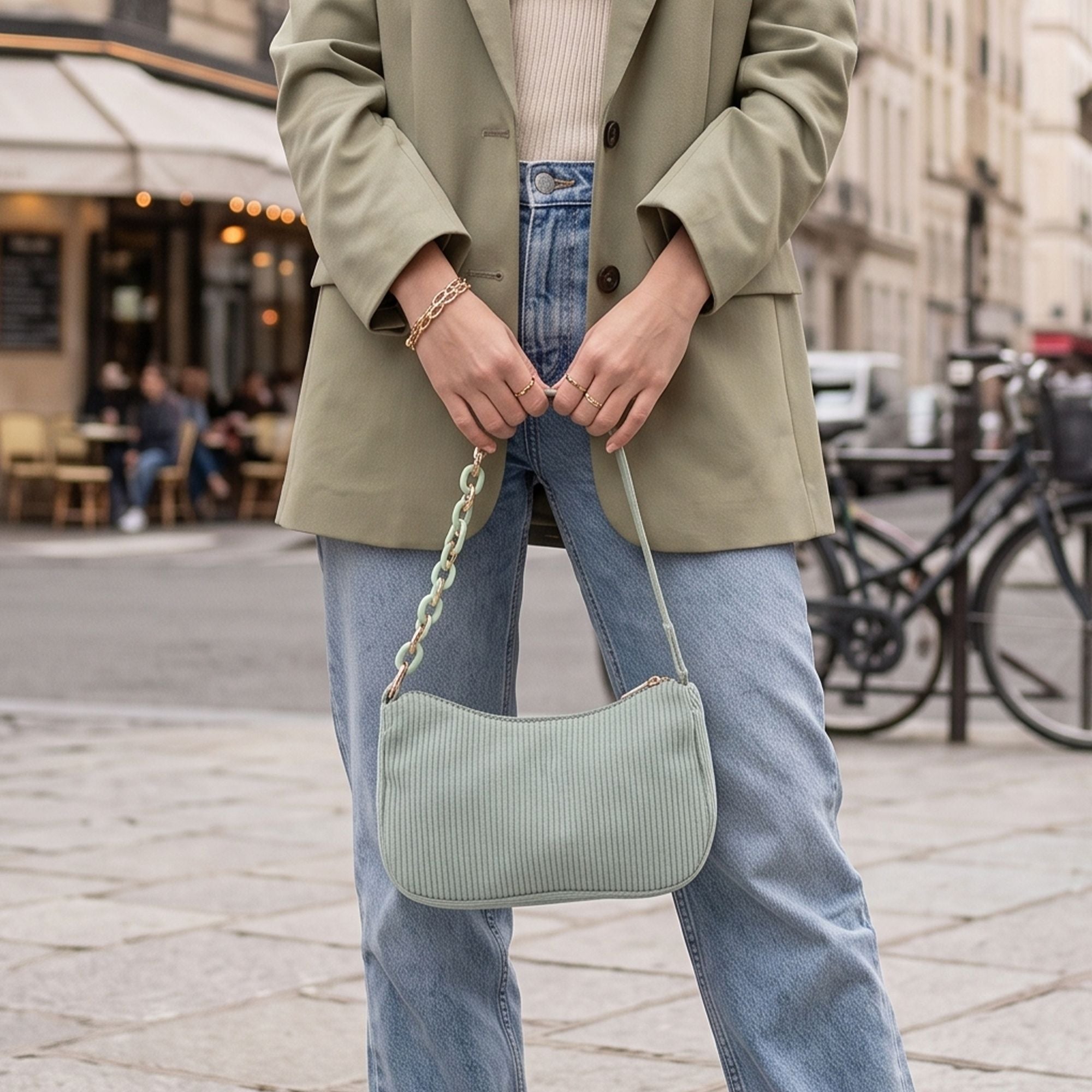 Small Corduroy Shoulder Bag with Mixed Chain Strap and Zip Closure