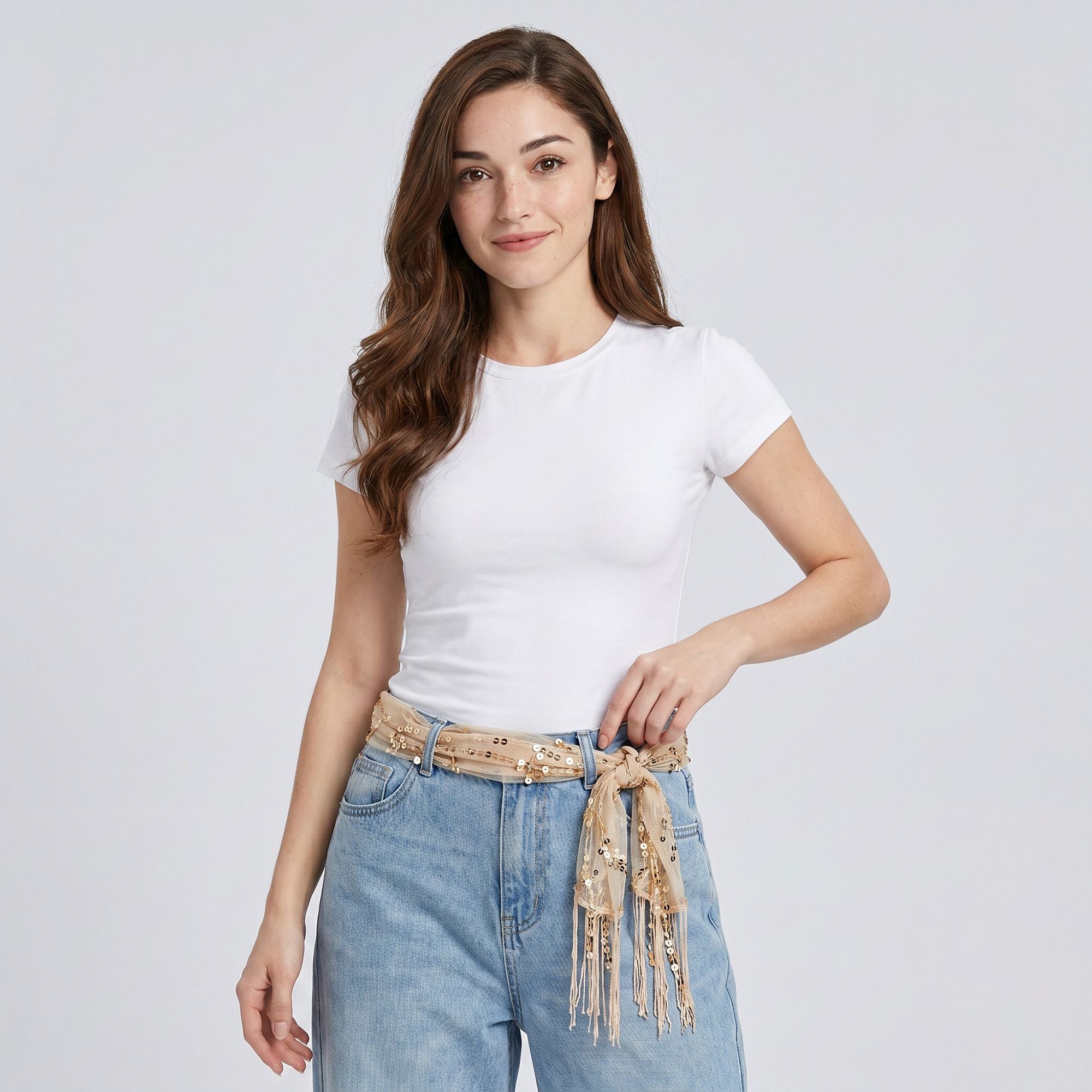 Sheer Sequin Fringe Skinny Scarf with Embroidered Swirl Pattern Neck Tie