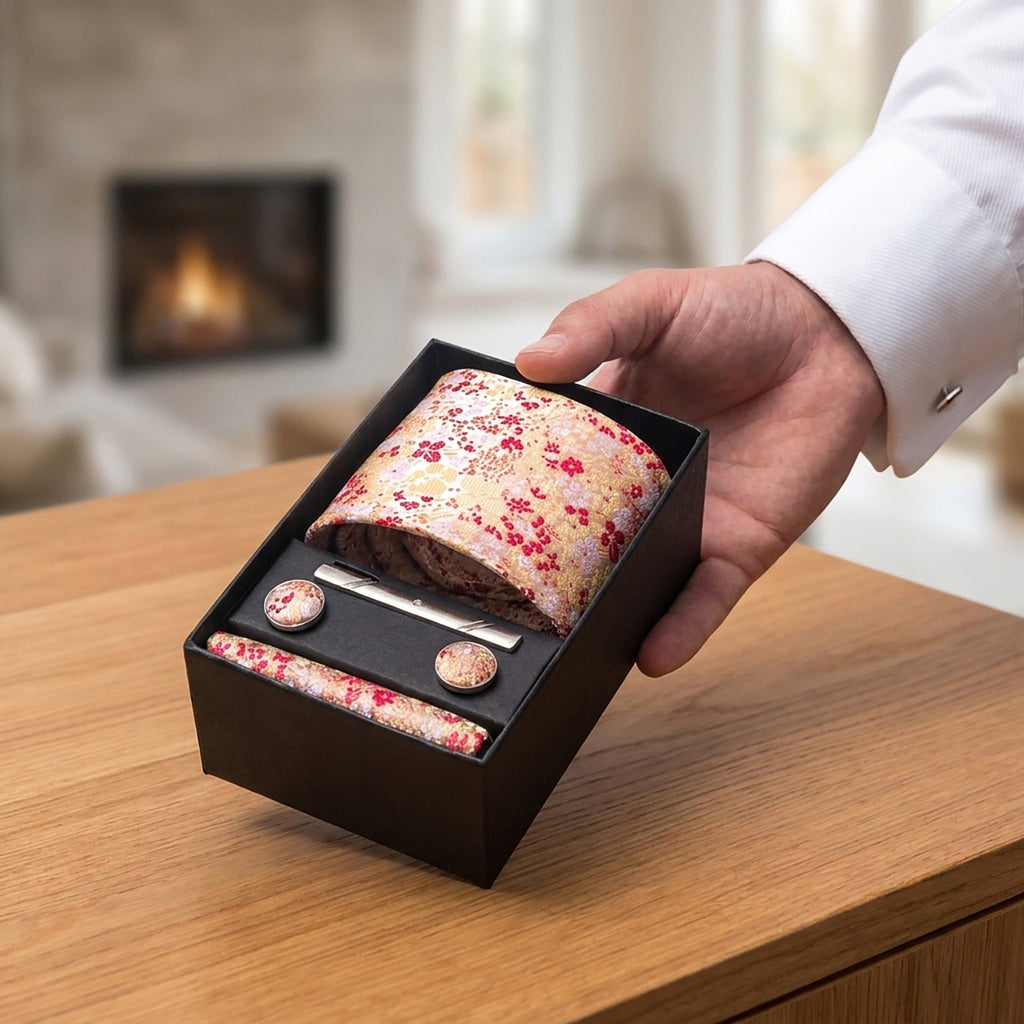 Men's Paisley Floral Tie Gift Set with Matching Pocket Square Cufflinks and Silver Tie Clip