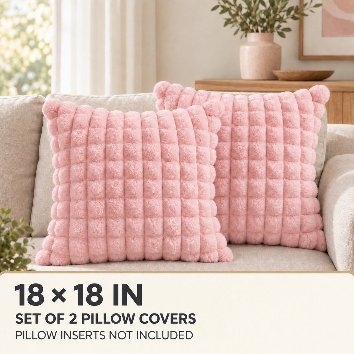 2 Pack Plush Faux Fur Bubble Grid Throw Pillow Covers 18 x 18 Inch for Couch and Bed