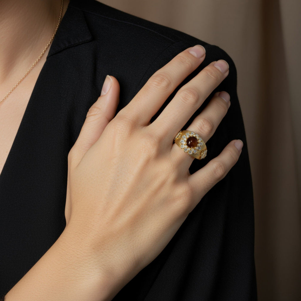 Anna-Kaci Women's Oval Gemstone Statement Ring with Crystal Halo and Textured Band