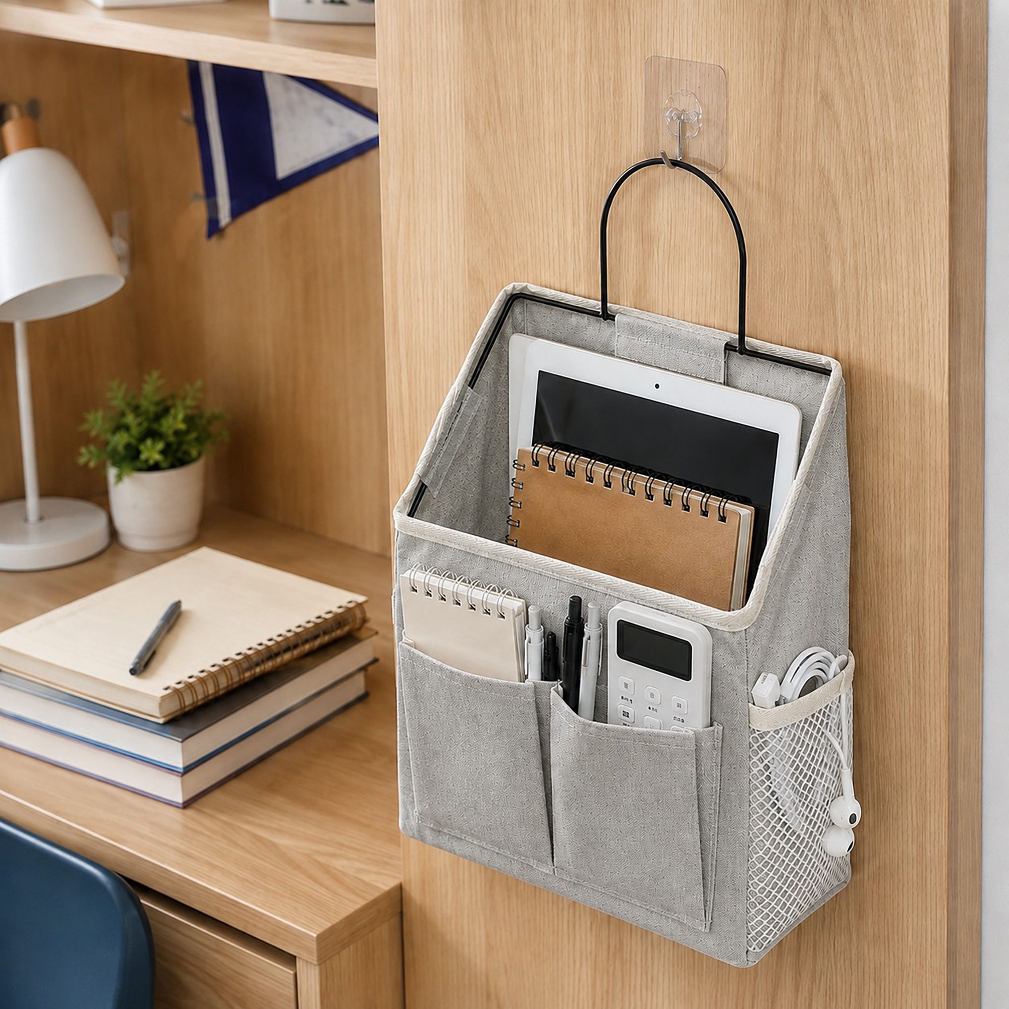 Hanging Bedside Storage Caddy with Metal Frame and Multiple Pockets Bed Rail Organizer