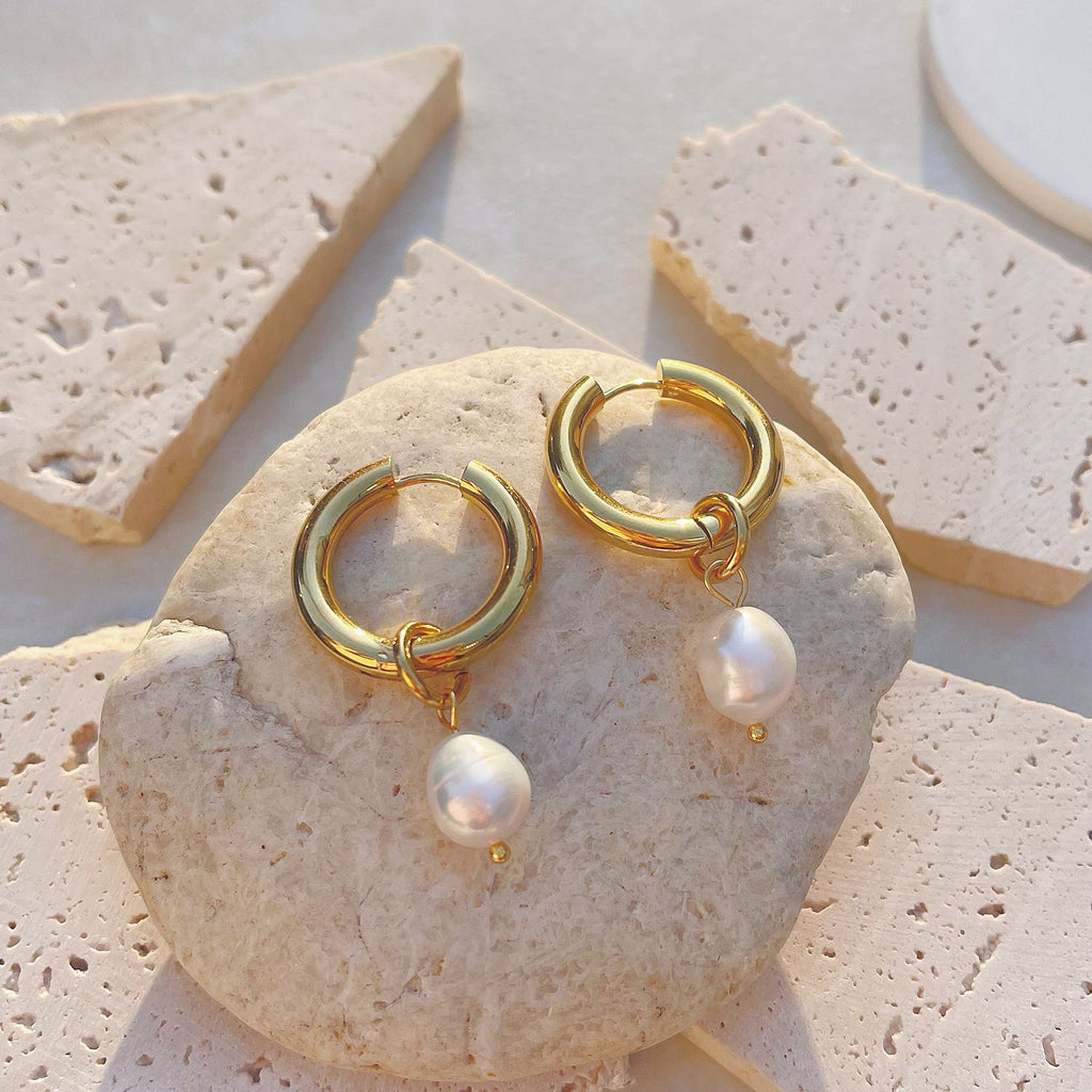 Hoop Earrings with Faux Pearl Drop Charm and Polished Finish