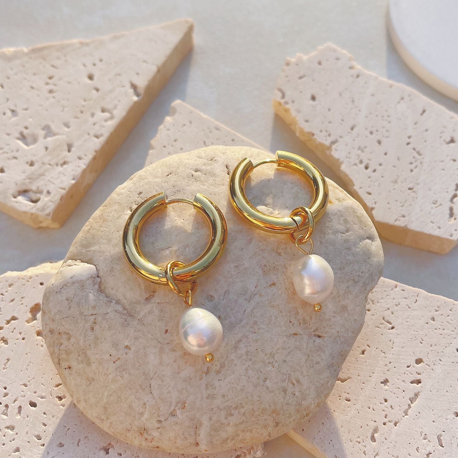 Hoop Earrings with Faux Pearl Drop Charm and Polished Finish