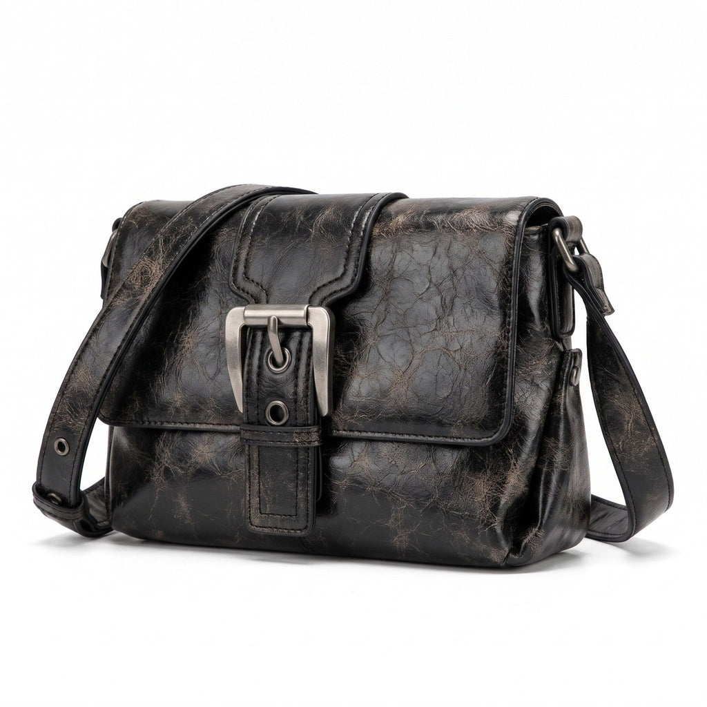 Distressed-Look Flap Shoulder Bag with Metal Clasp
