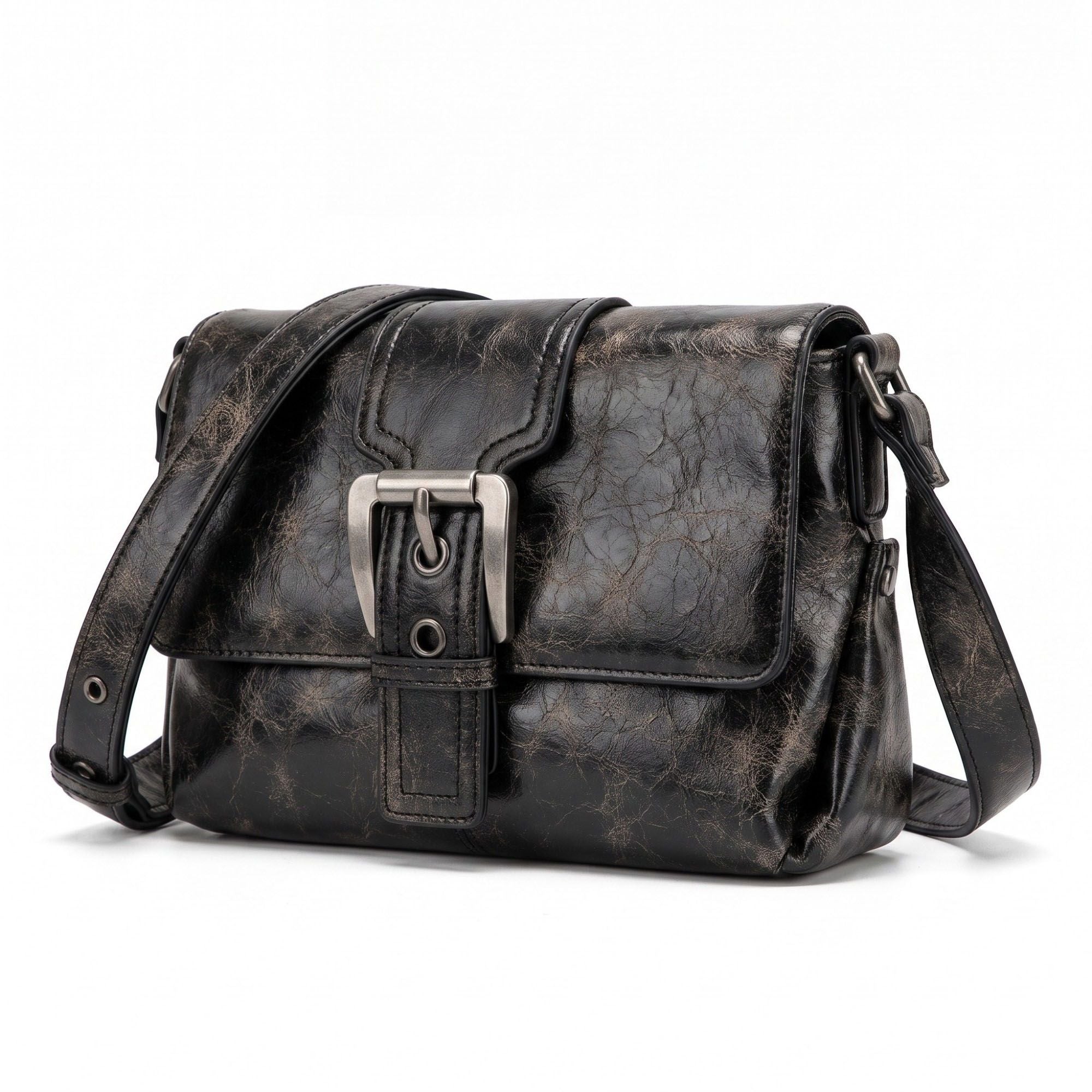 Distressed-Look Flap Shoulder Bag with Metal Clasp