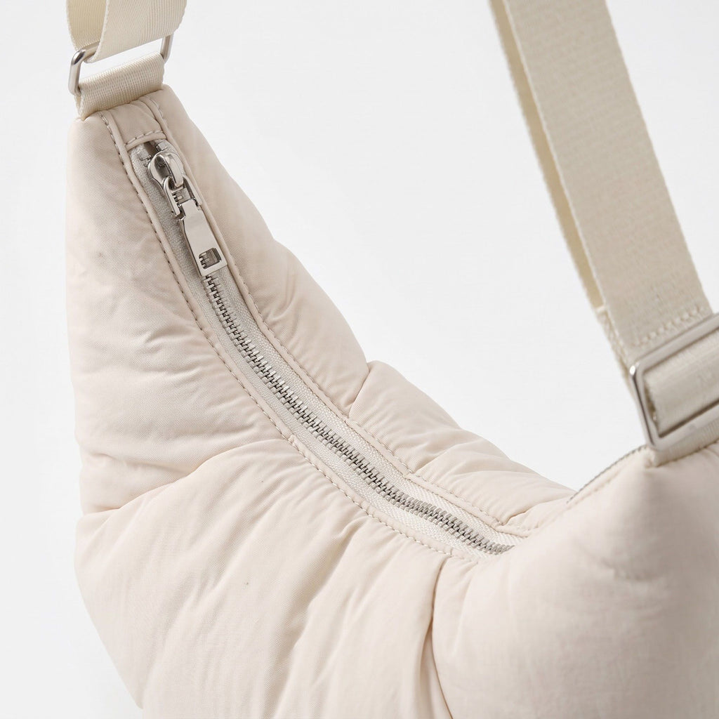 Padded Crescent Shoulder Bag with Wide Strap and Top Zipper Closure 13x7.5x2.5in