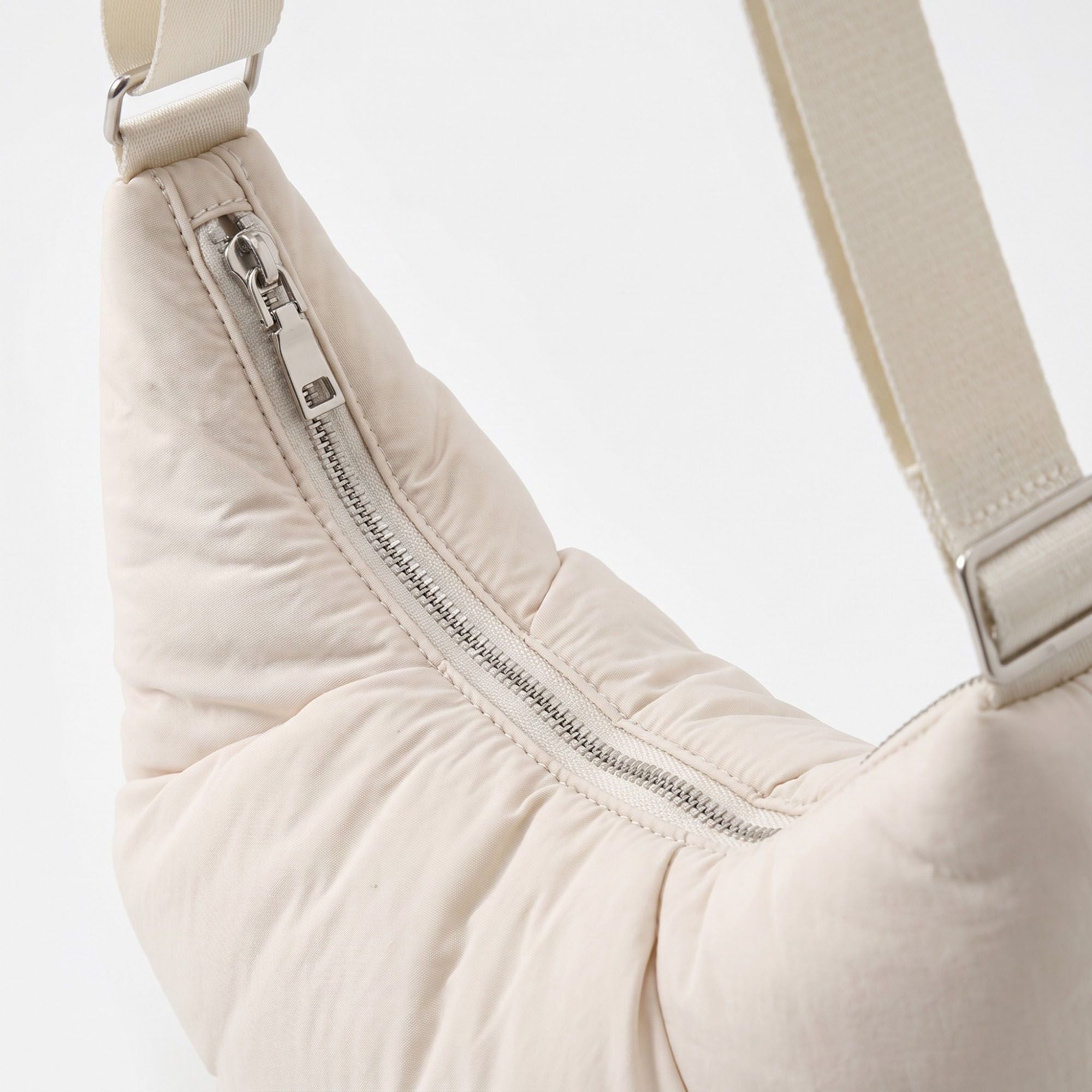 Padded Crescent Shoulder Bag with Wide Strap and Top Zipper Closure 13x7.5x2.5in