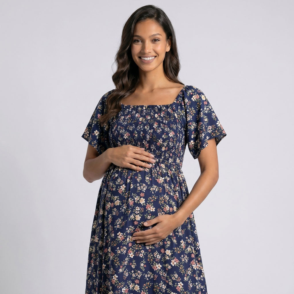 Maternity Floral Square Neck Midi Dress with Short Sleeves and Ruffle Hem