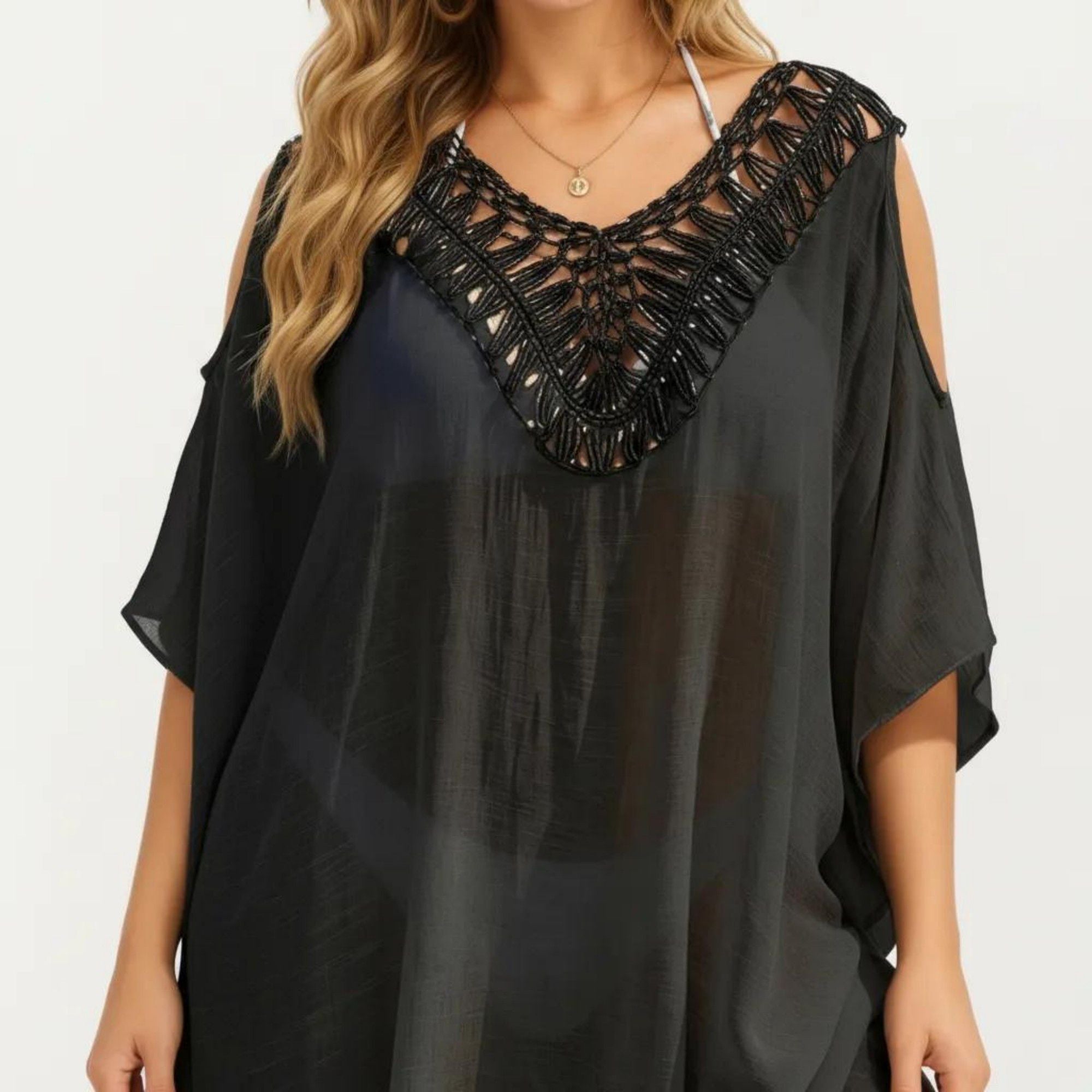Anna-Kaci Women's Crochet V Neck Swim Cover Up Dress with Cold Shoulder Sleeves and Relaxed Fit