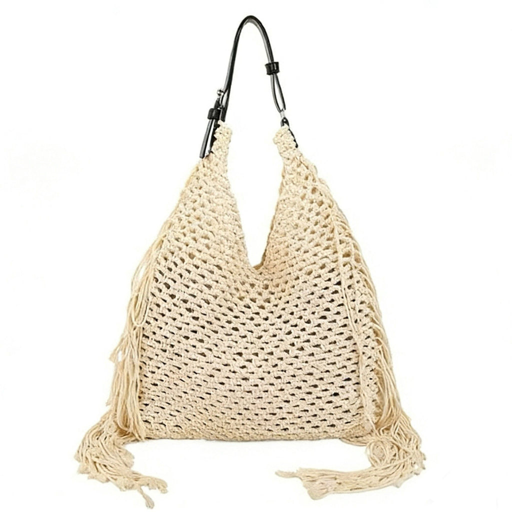 Woven Crochet Shoulder Bag with Fringe Detail Slouchy Hobo Style Lightweight Handbag