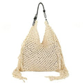 Woven Crochet Shoulder Bag with Fringe Detail Slouchy Hobo Style Lightweight Handbag