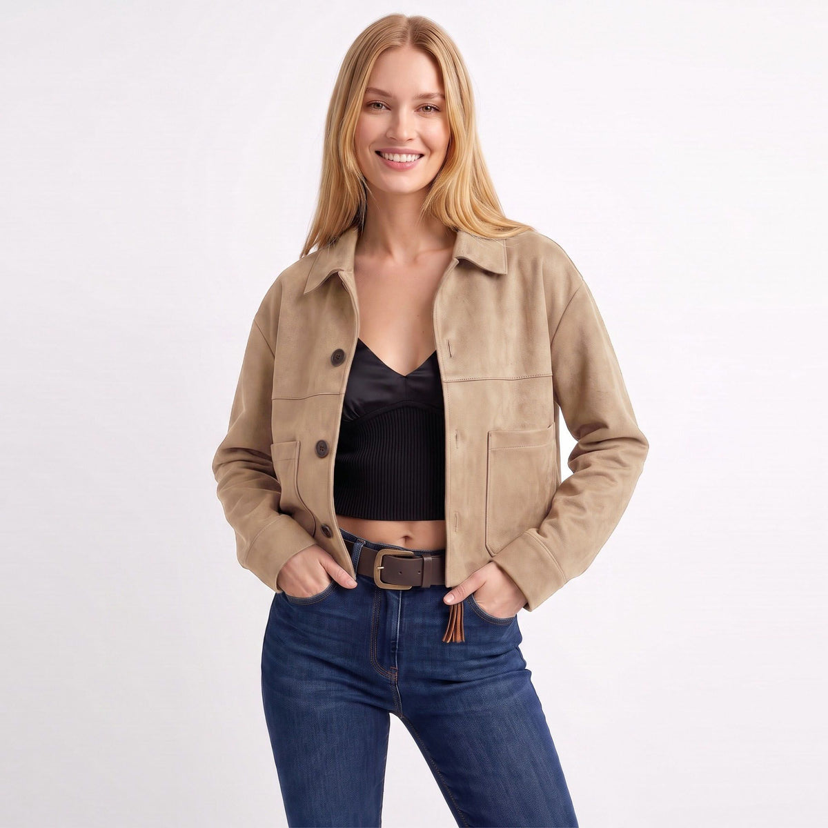 Cropped Button Front Shirt Jacket with Patch Pockets