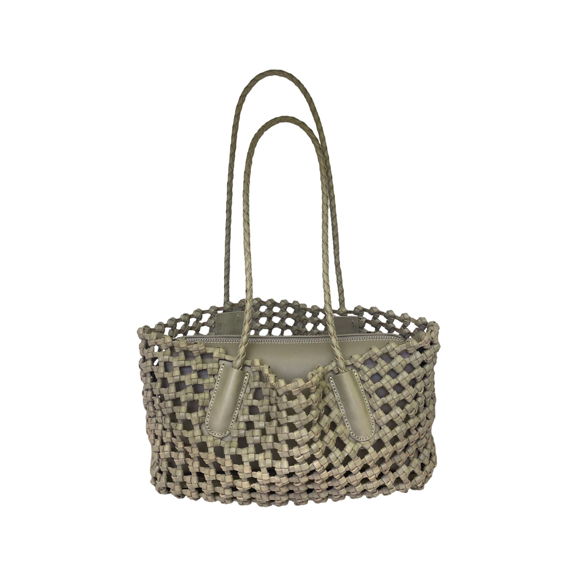 Open Weave Leather Tote Bag with Braided Shoulder Straps and Interior Zip Compartment
