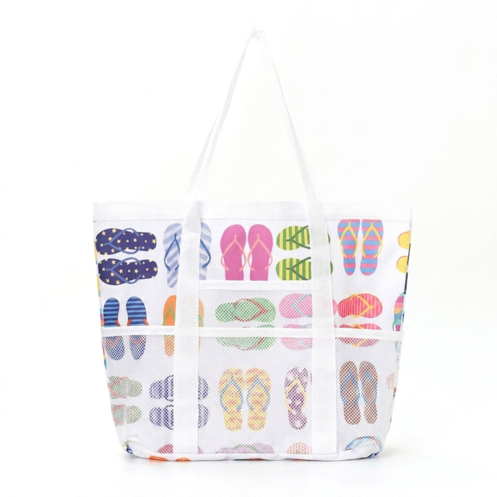 Printed Beach Tote Bag with Mesh Pockets and Shoulder Handles