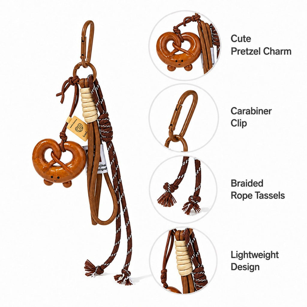 Pretzel Keychain Bag Charm with Brown Cord Tassel Carabiner Clip and Gold Tone Accent