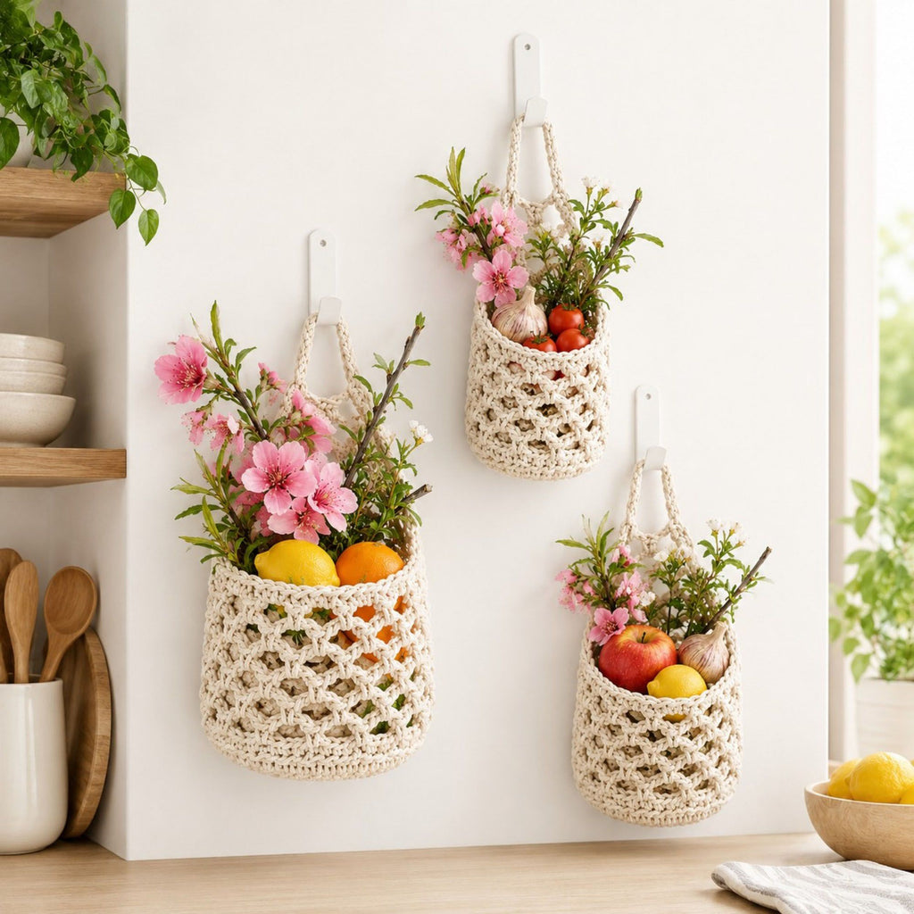 Woven Hanging Basket Set for Fruit Produce and Wall Storage