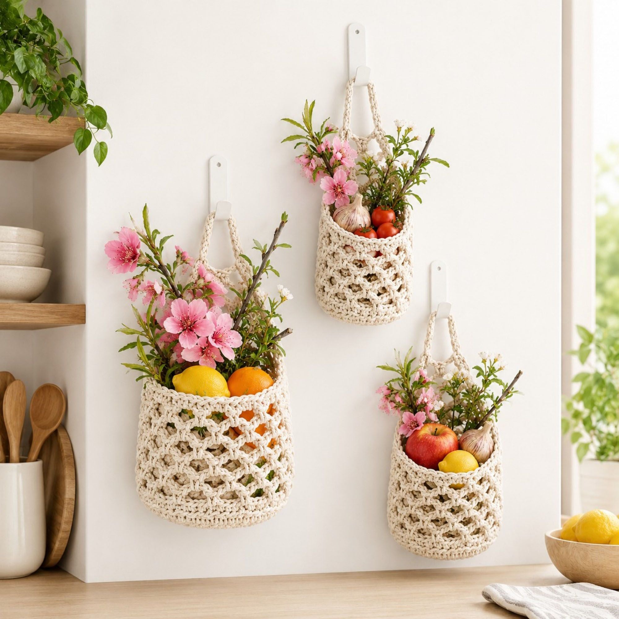 Woven Hanging Basket Set for Fruit Produce and Wall Storage