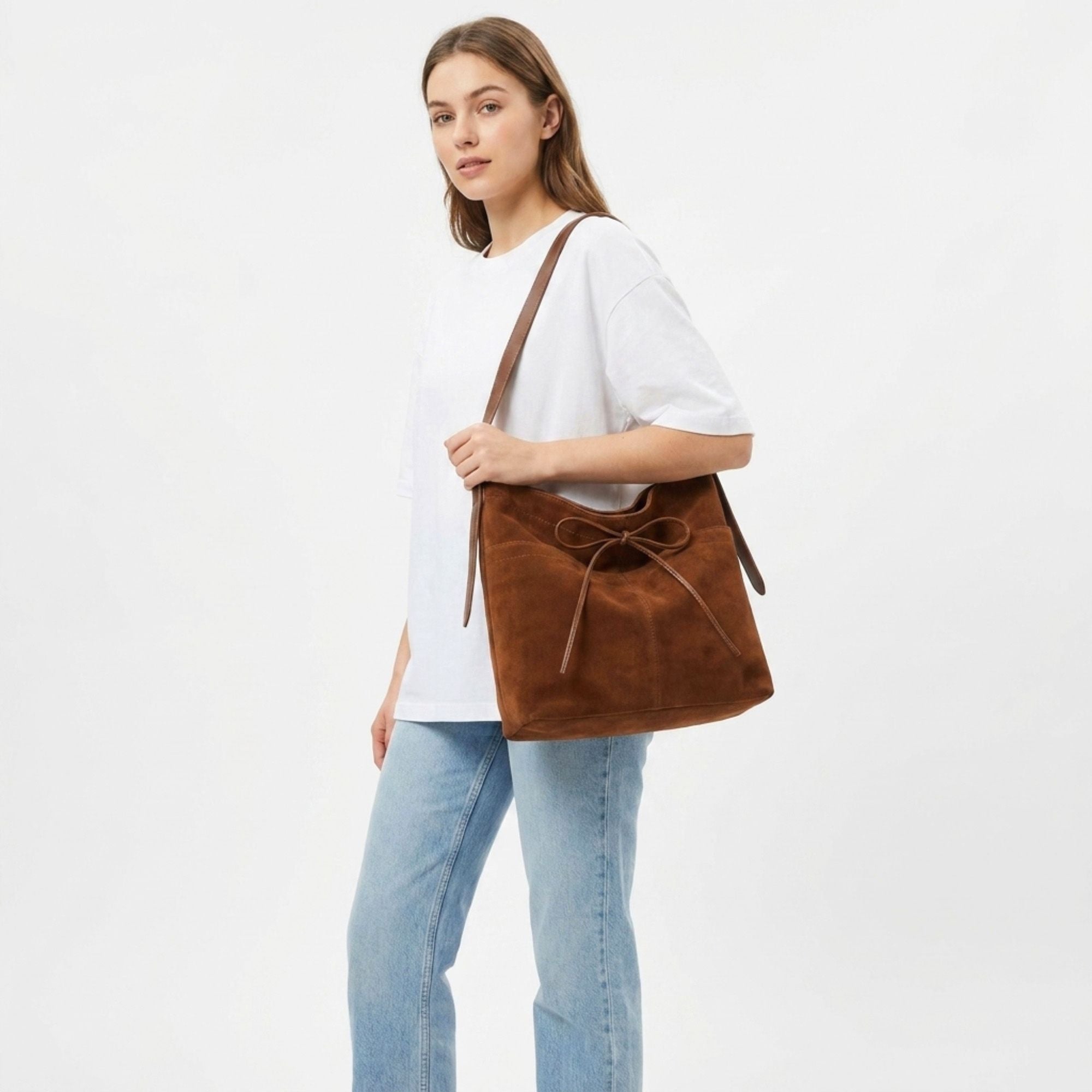 Adjustable Shoulder Bag Bow Detail Large Hobo Tote with Zipper Closure