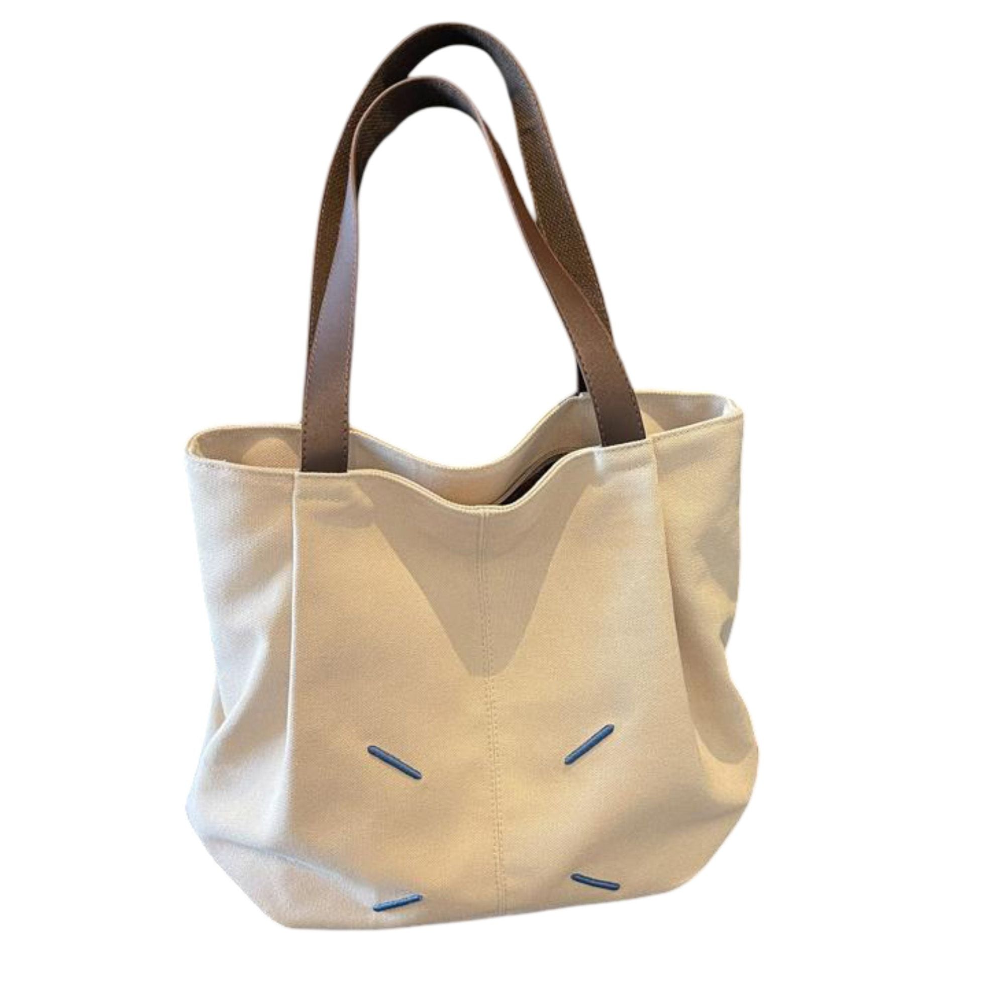 Canvas Tote Bag with Contrast Handles and Decorative Stitch Detail