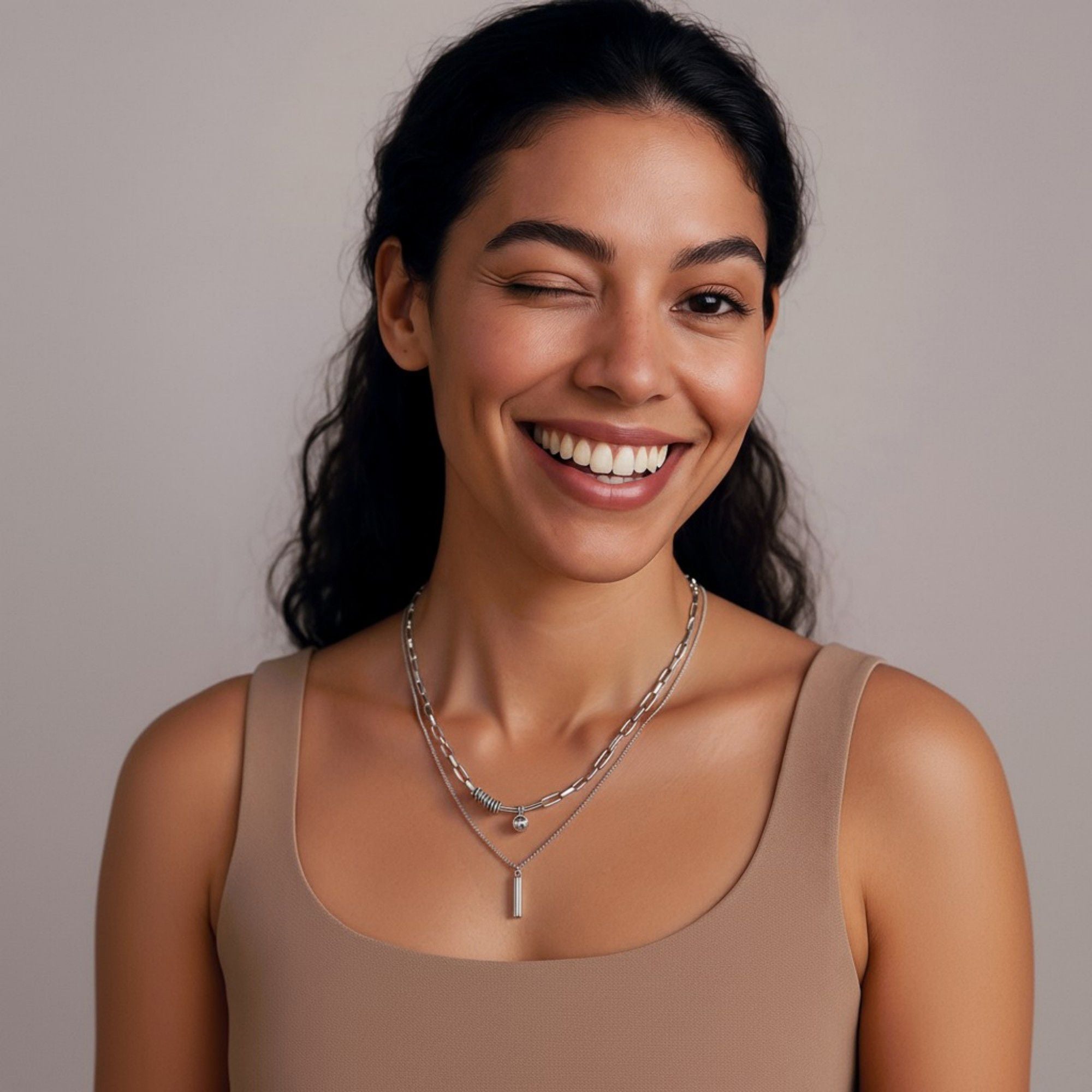 Women's Layered Chain Necklace with Engraved Dreams Pendant and Link Chain Design
