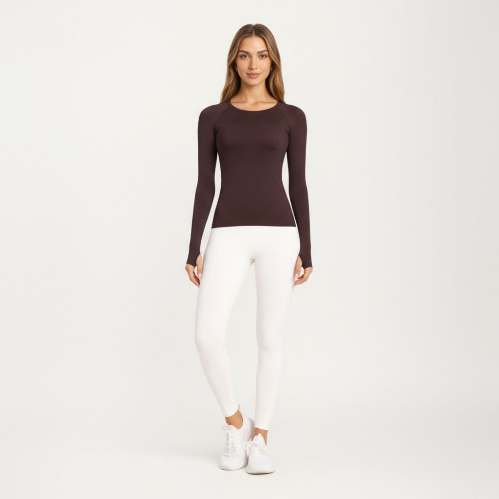 Anna-Kaci Active Women's Seamless Long Sleeve Fitted Top with Thumbhole Cuffs and Crew Neck