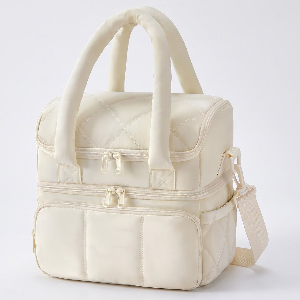 Quilted Multi-Compartment Lunch Tote Bag with Padded Top Handles and Detachable Shoulder Strap 10x10x7.1in