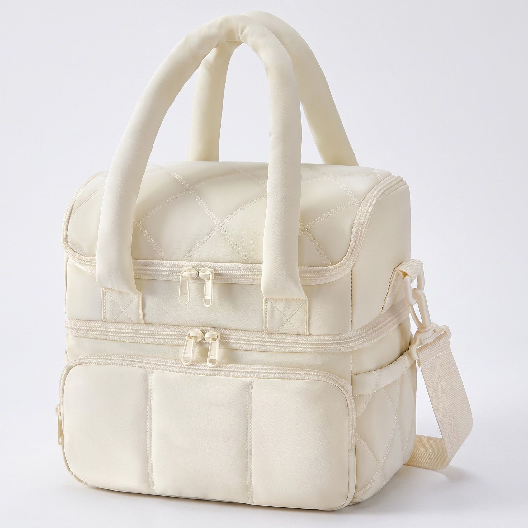 Quilted Multi-Compartment Lunch Tote Bag with Padded Top Handles and Detachable Shoulder Strap 10x10x7.1in