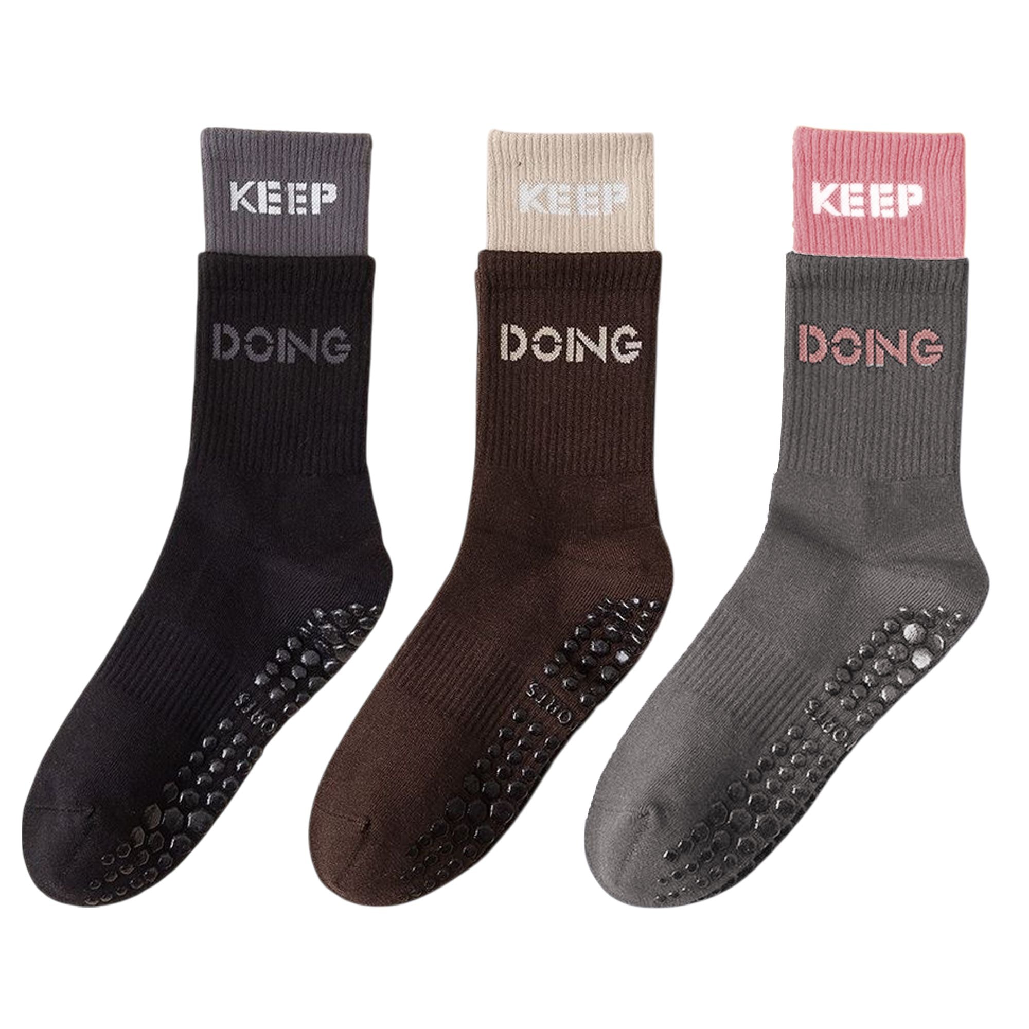 Anna-Kaci Women's 3-Pair Set Mid-Calf Grip Socks with Cushioned Soles and Motivational Text for Yoga Pilates Fitness
