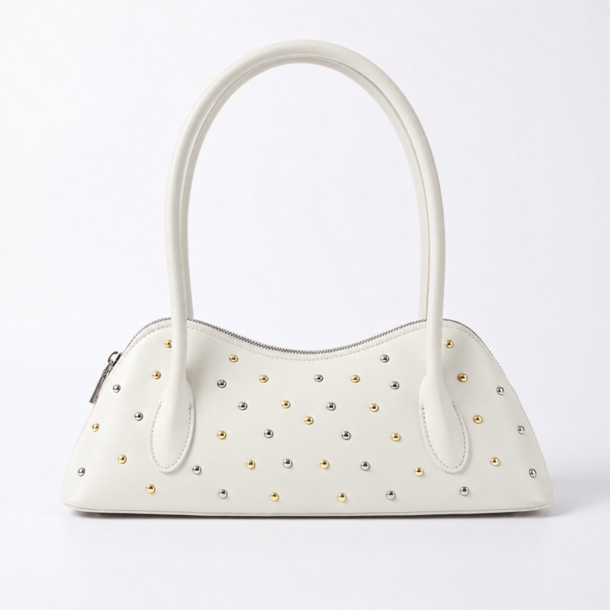 Studded Satchel Handbag with Long Handles Zip Closure and Interior Pocket