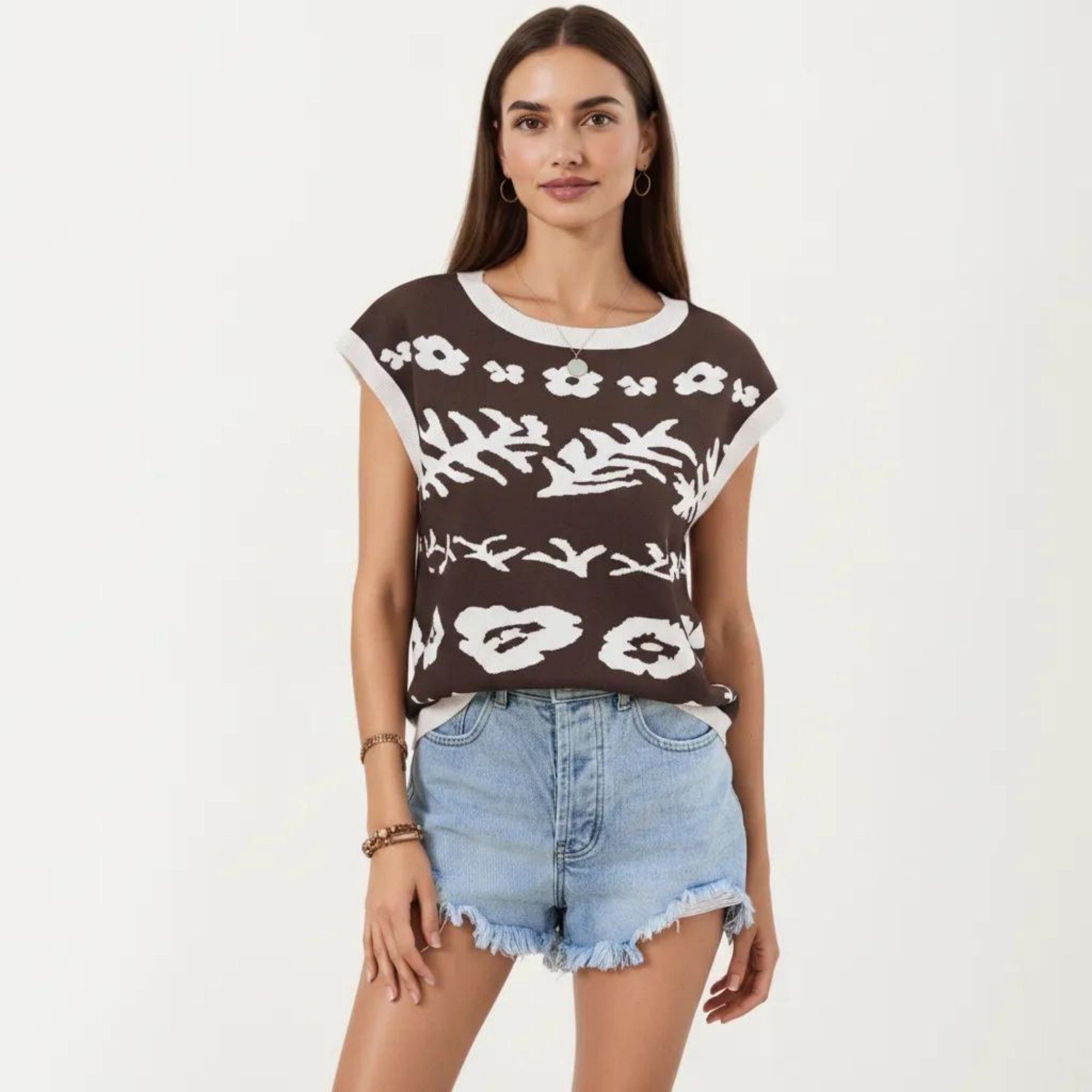Anna-Kaci Women's Sleeveless Floral Knit Vest Top with Crew Neck and Contrast Trim