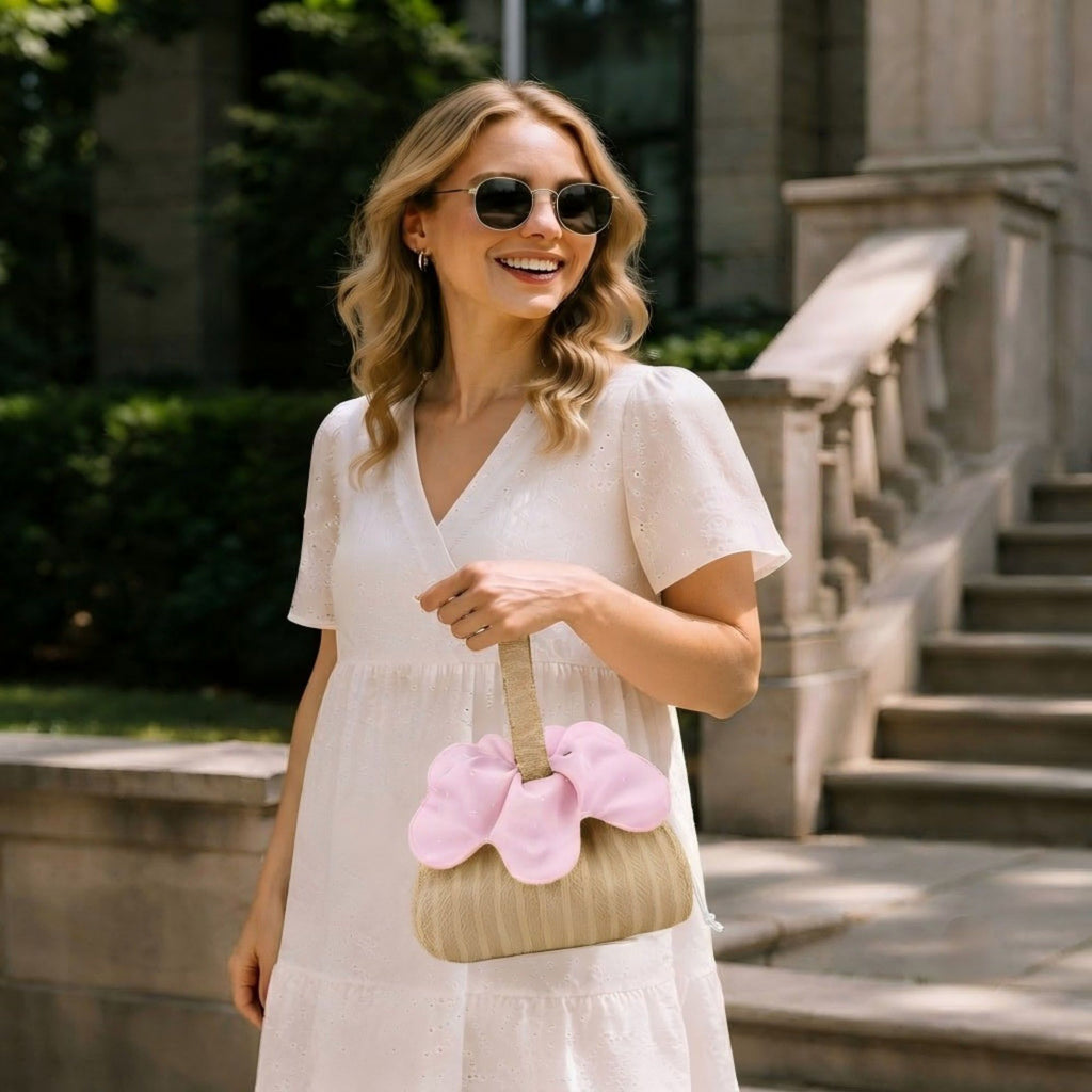 Textured Knit Drawstring Handbag with Floral Petal Trim, Dual Handles and Compact Cosmetic Storage Design