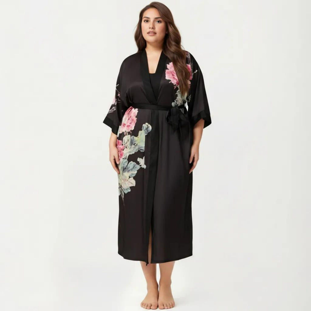 Anna-Kaci Lounge Women's Plus Size 2-Piece Floral Kimono Robe Set with Short Sleeve Open Front Longline Cover Up and Matching Inner Dress