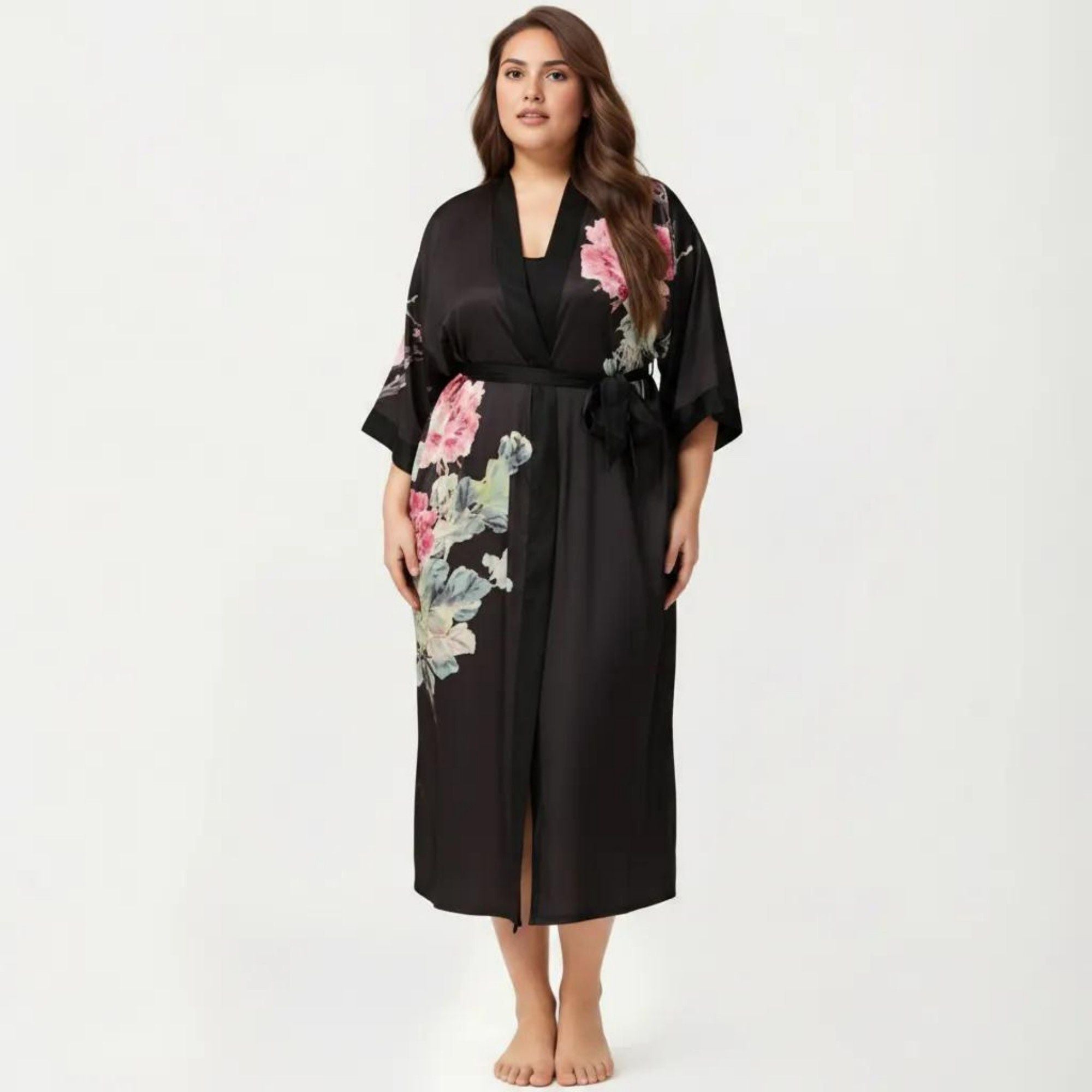 Anna-Kaci Lounge Women's Plus Size 2-Piece Floral Kimono Robe Set with Short Sleeve Open Front Longline Cover Up and Matching Inner Dress