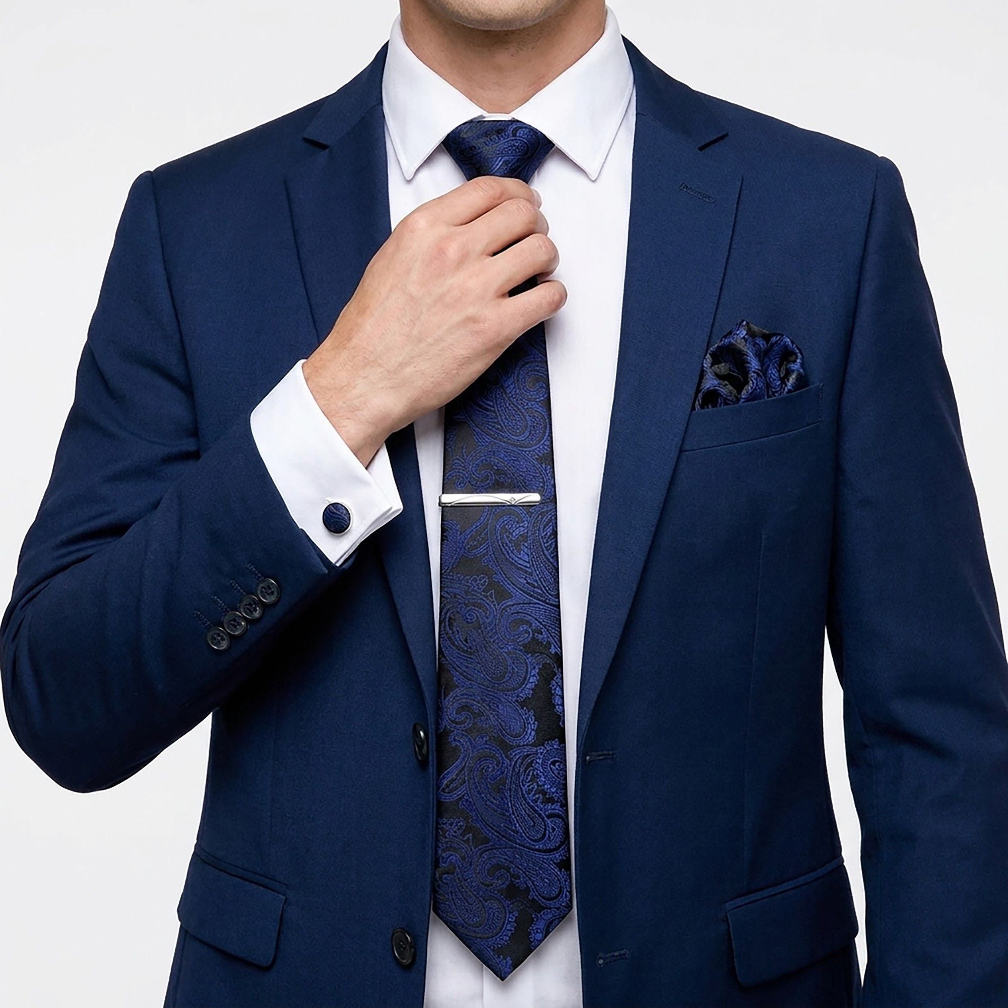 Men's Floral Pattern Tie Gift Set with Matching Pocket Square Cufflinks and Silver Tie Clip