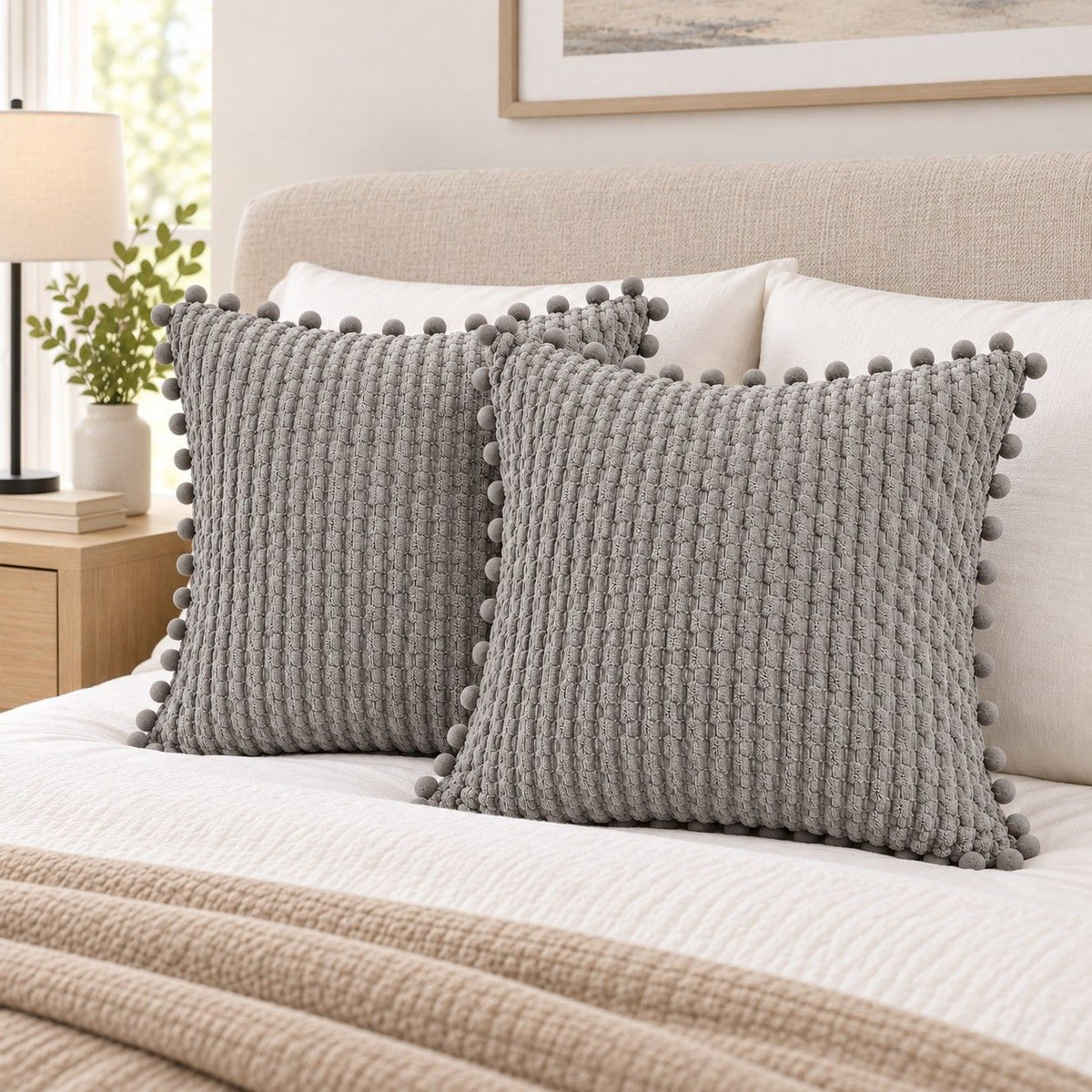 2 Pack Double Sided Corduroy Throw Pillow Covers 18 x 18 Inch with Pom Pom Trim