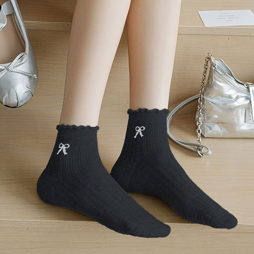 Anna-Kaci Women's Summer Ribbed Ankle Socks with Bow Embroidery 5Pk