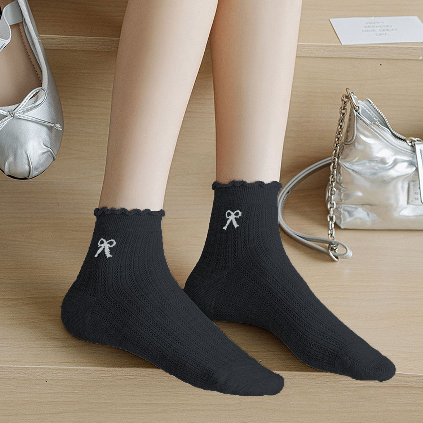 Anna-Kaci Women's Summer Ribbed Ankle Socks with Bow Embroidery 5Pk