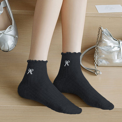 Anna-Kaci Women's Summer Ribbed Ankle Socks with Bow Embroidery 5Pk