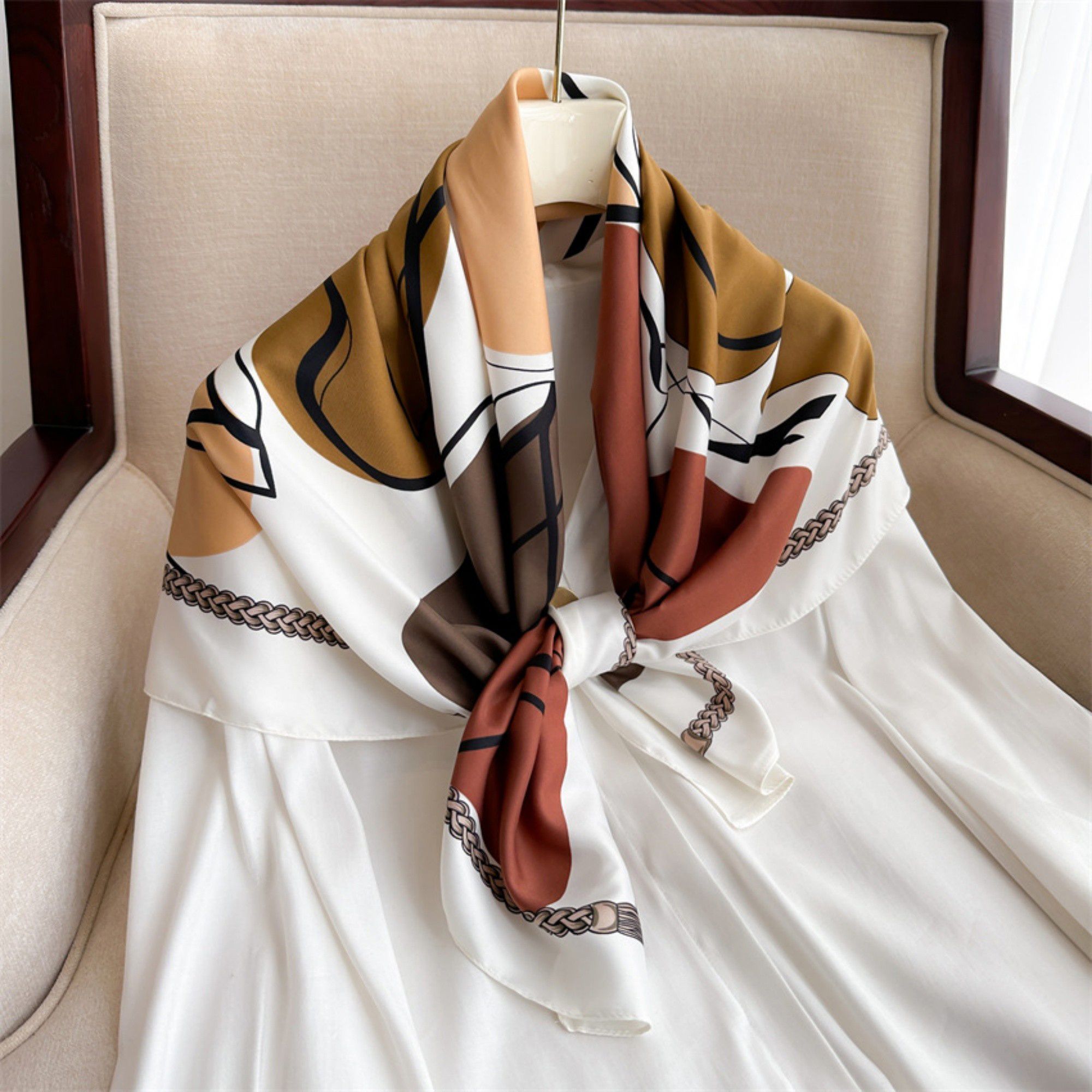 Anna-Kaci Women's Abstract Art Satin Square Scarf with Braided Border Trim 35.5x35.5in