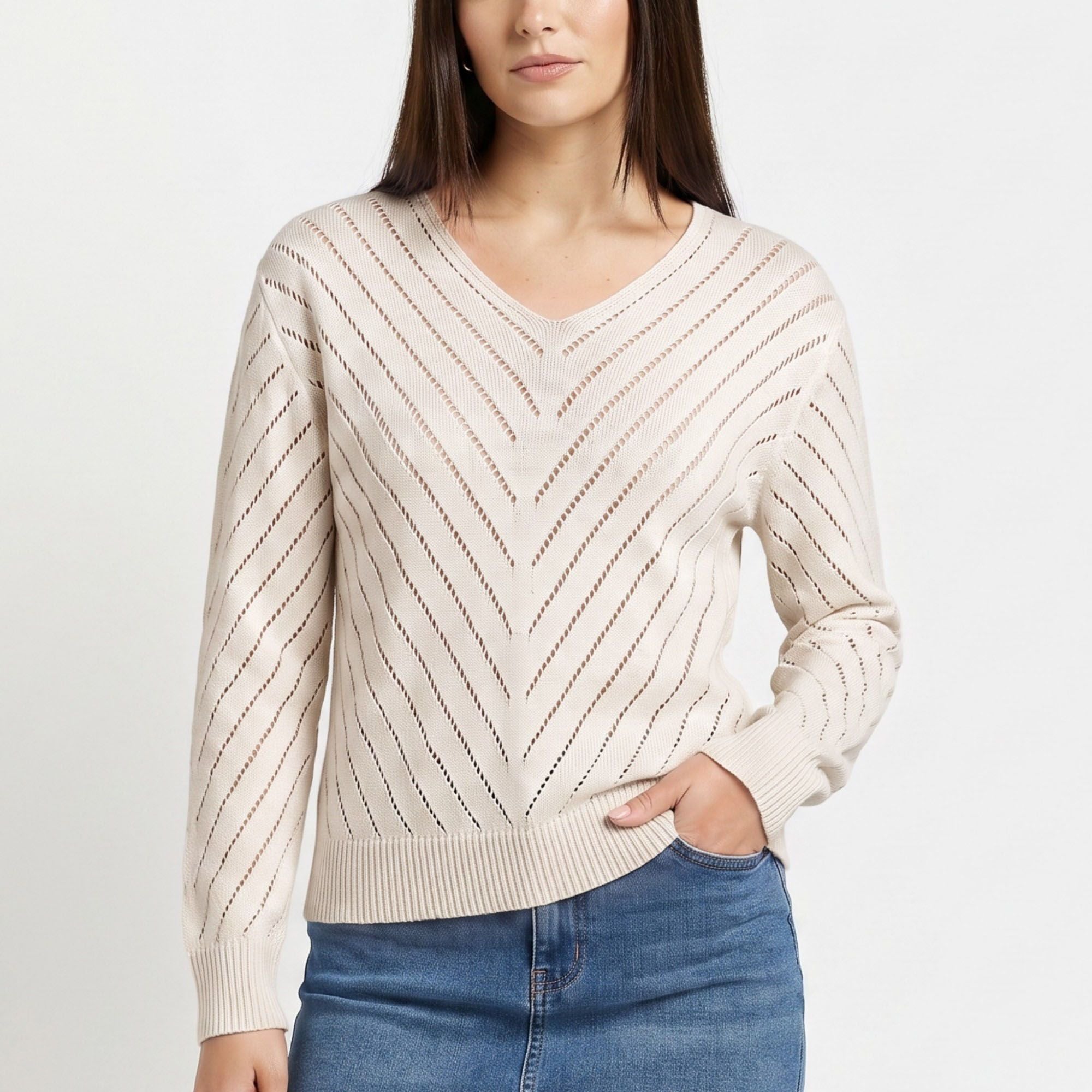 Chevron Pointelle V-Neck Long Sleeve Knit Sweater