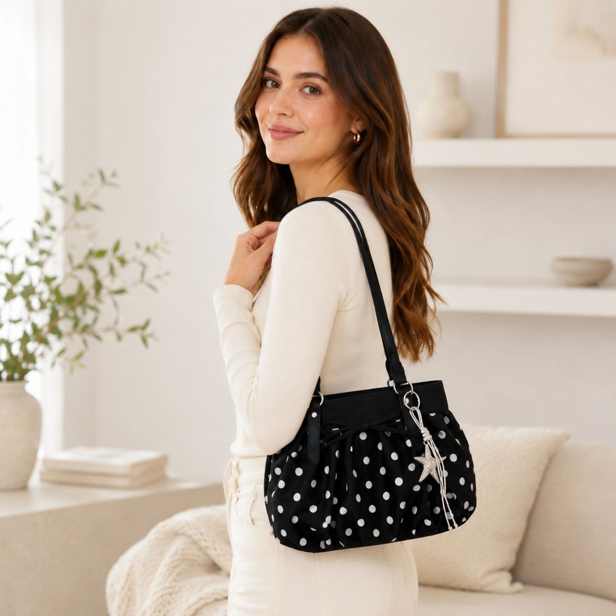 Polka Dot Ruched Shoulder Bag with Bow Detail and Metal Charm