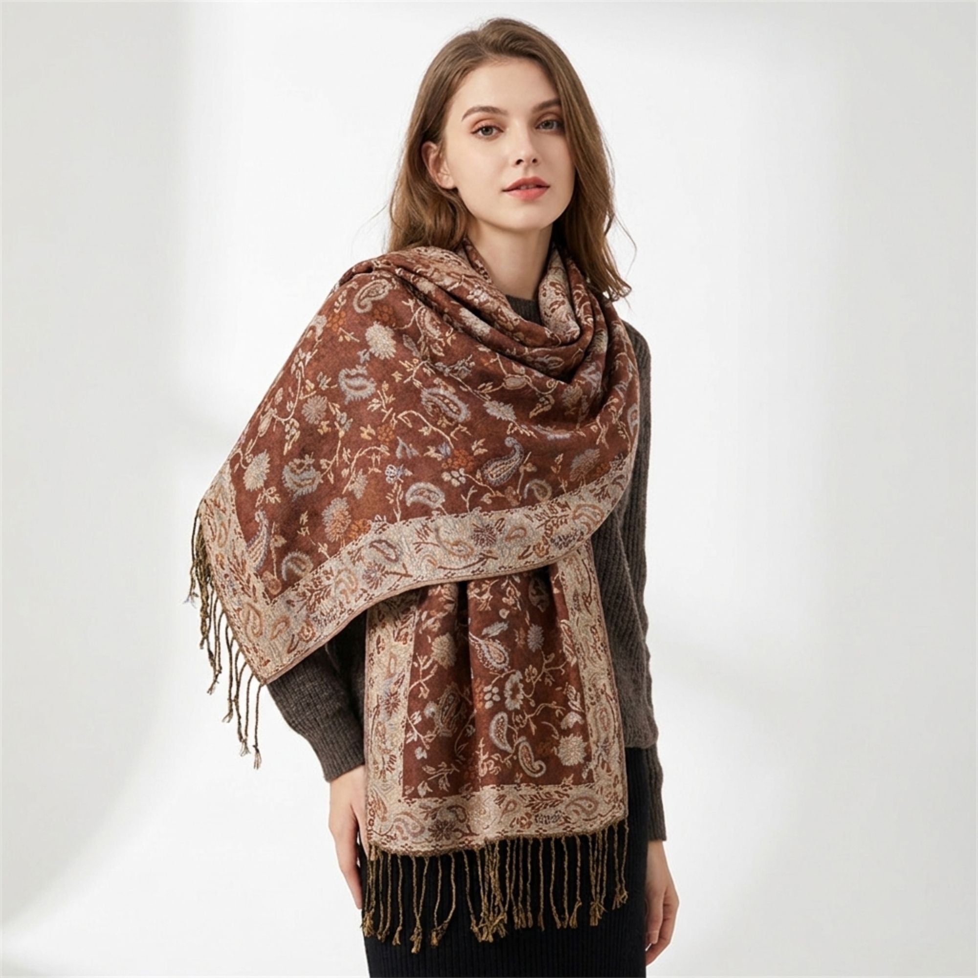 Paisley Scarf with Fringe Trim Soft Wrap Shawl 75*27.5 Inches